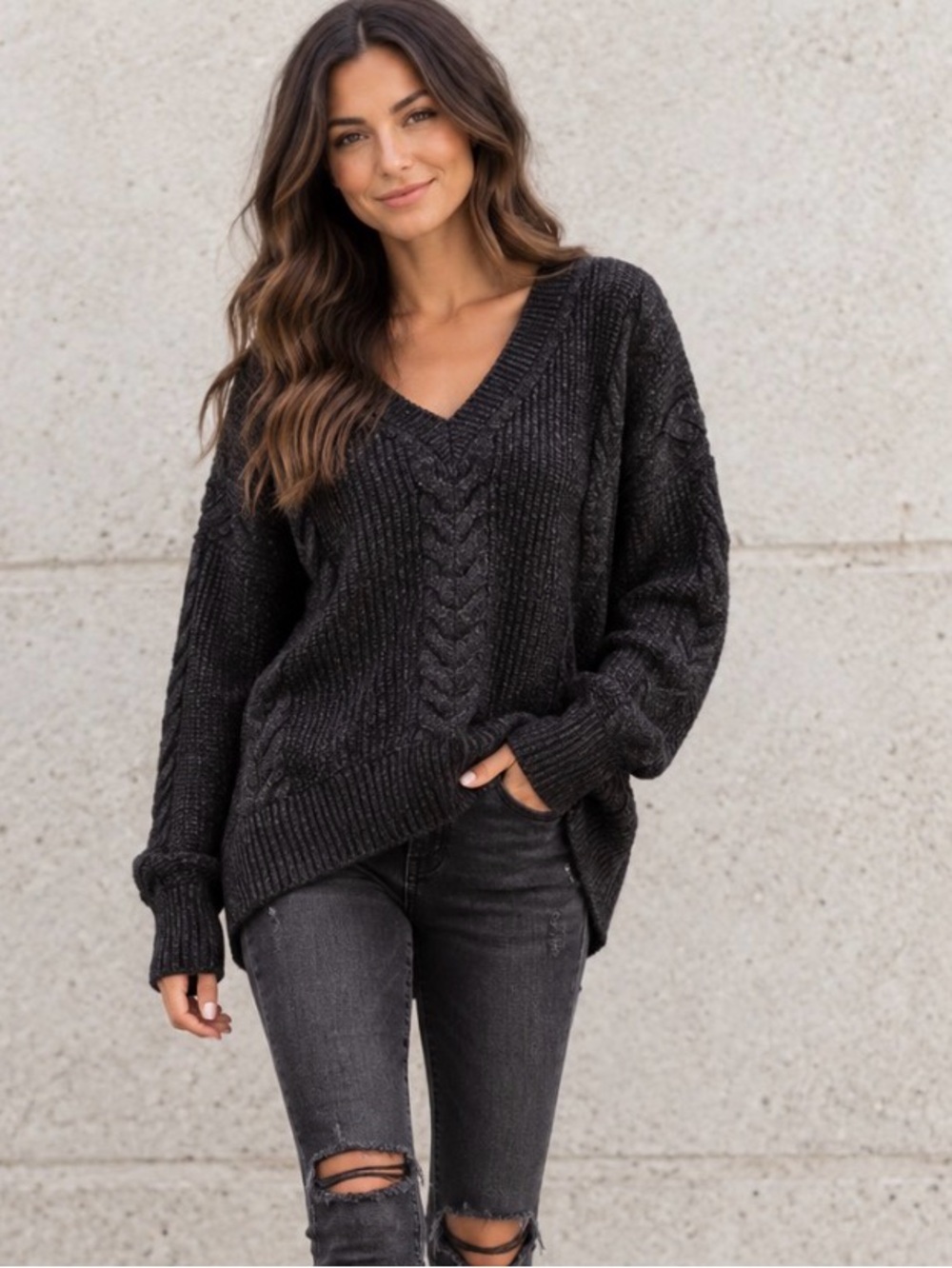 PHILOSOPHY Cable Knit Long Relaxed Fit Sweater V-Neck Charcoal 2X